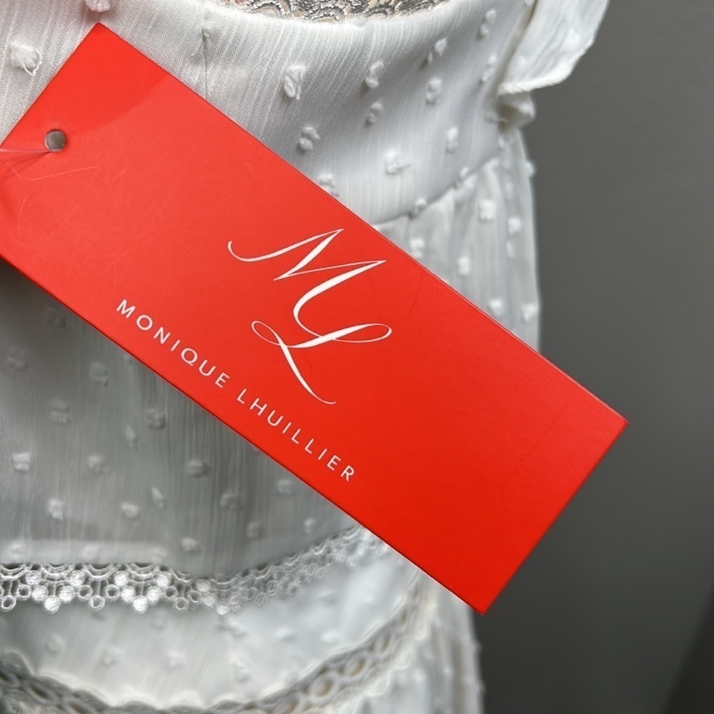 NWT Monique Lhullier White Midi Dress Eyelet Blouson Raised Polka Dots Lace 6 - Picture 12 of 13